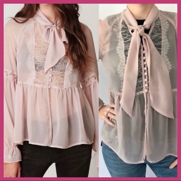 FREE PEOPLE MARQUEE BOW TIE LACE BLOUSE BABY PINK - Picture 1 of 5